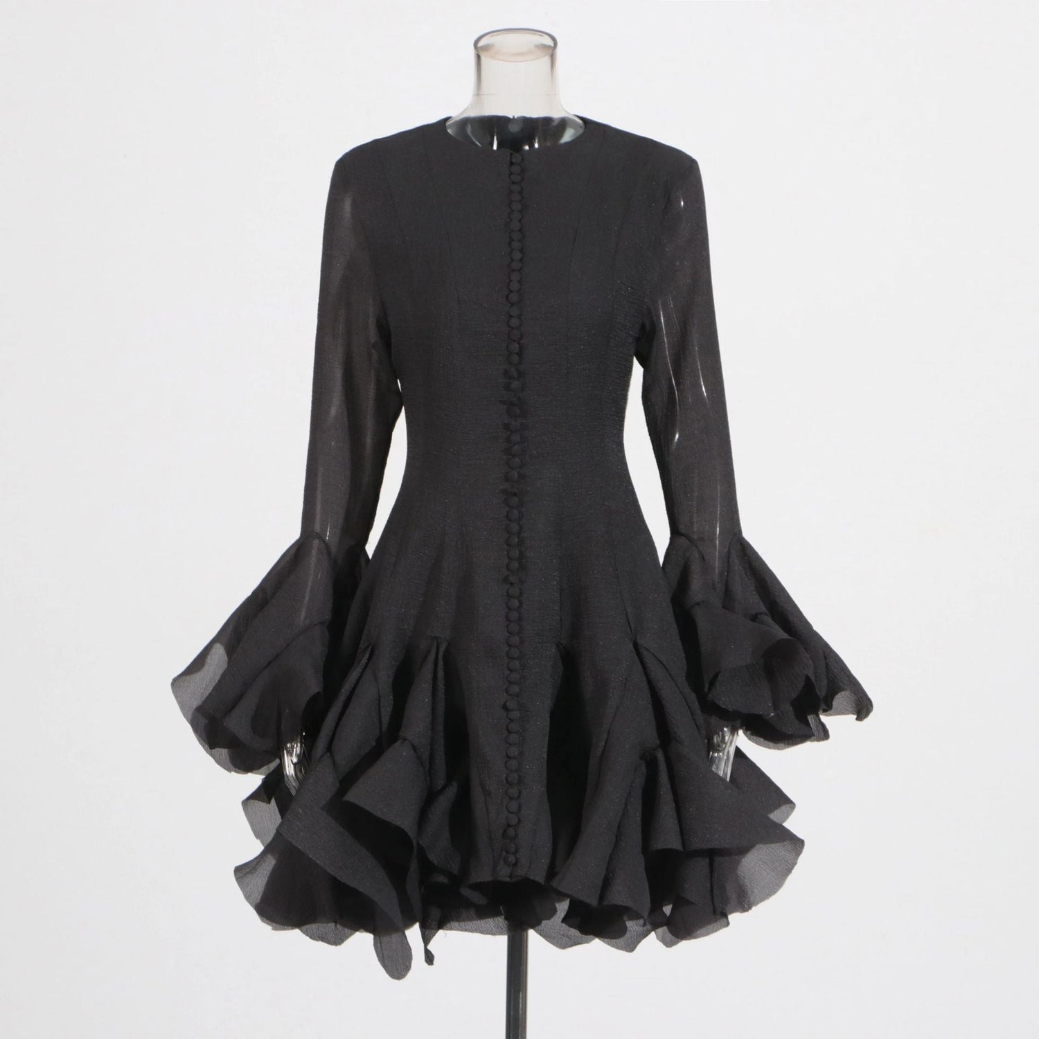 Spring Ruffles Design Waist Tight Slimming Flared Sleeves Dress Women