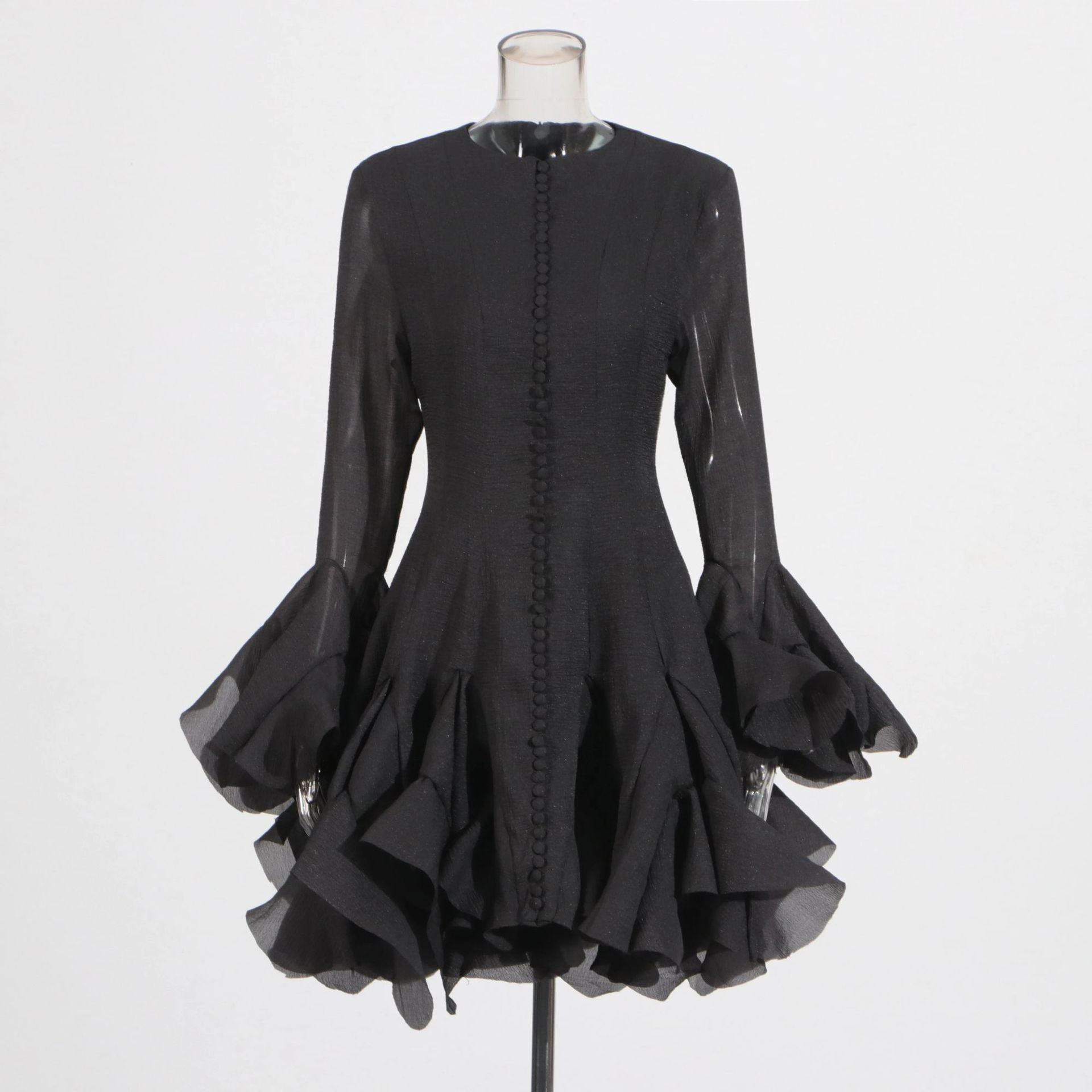 Spring Ruffles Design Waist Tight Slimming Flared Sleeves Dress Women