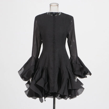 Spring Ruffles Design Waist Tight Slimming Flared Sleeves Dress Women