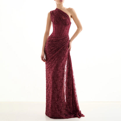 Women Sexy Deep V Plunge Neck Backless Hip Hugging Burgundy Dress Lace Pleated Fishtail Dress