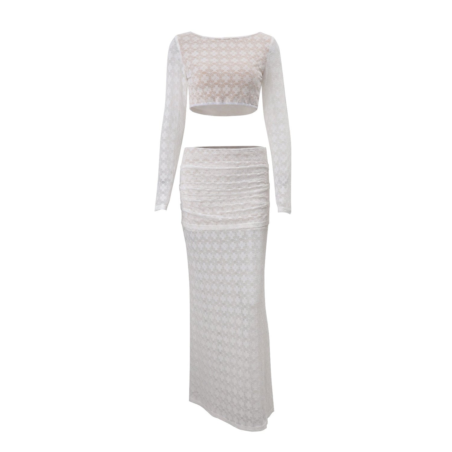 Women Clothing Autumn Sexy round Neck Cropped Long Sleeve Top Low Waist Skirt Set