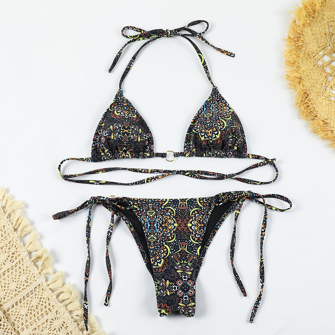 Sexy Printed Backless Split Swimsuit Women Lace up Three Ring Bikini