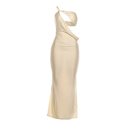 Autumn Winter Women Clothing Lace up Sexy Diagonal Collar Backless Solid Color Elegant Slim Dress