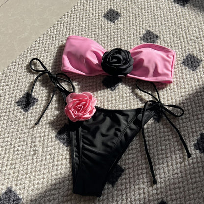 Color Matching Rose Tube Top Lace up Drawstring Strap Split Swimsuit Bikini