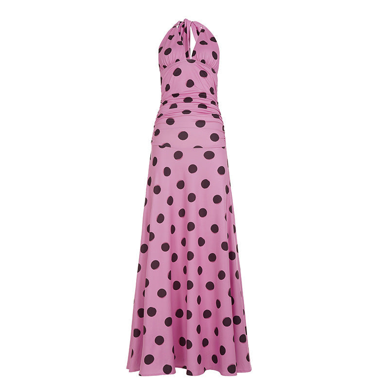 Casual Vacation Polka Dot V neck Halter Dress Women Backless Lace up Waist Slimming Maxi Dress