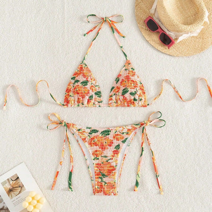 Smocking Sexy Lace up Bikini Split Swimsuit Women Fold Floral Halter Swimsuit Bikini