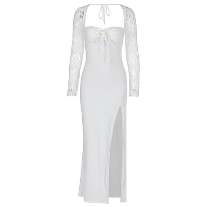 Autumn Women Wear Low Cut Self Tie Lace Slim Fit Slit Sexy Dress