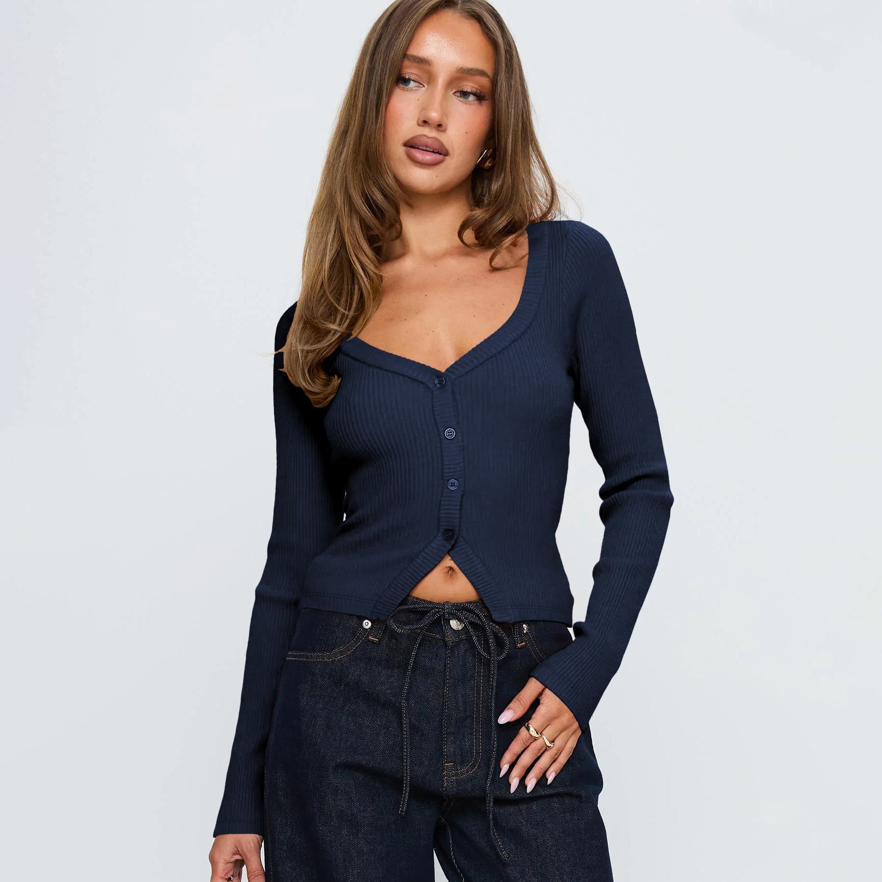 Women Fall Winter V neck Long Sleeve Ribbed Button Cardigan Slim Fit
