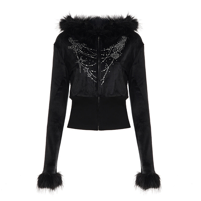 Autumn Winter Casual Furry Long Sleeved Zipper Sweater Coat Letter Graphic Rhinestone Sweatpants Two Piece Sets