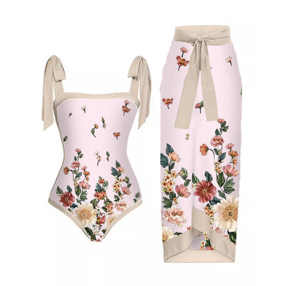 Mesh Two Piece French Swimsuit Digital Printing Sheath Dress Swimsuit for Women