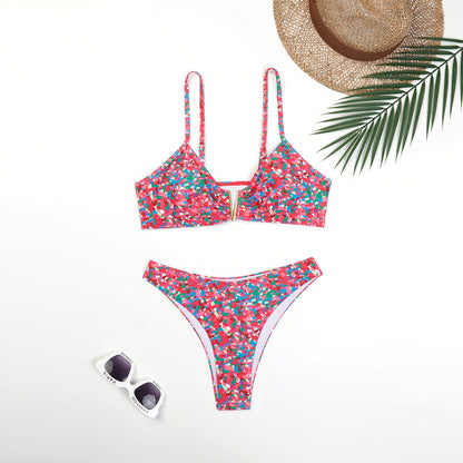 Swimsuit Women Split Two Piece Suit Printed Metal U Shaped Bikini Bikini Bikini Swimsuit
