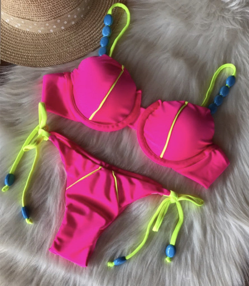 Sexy Sunken Stripe Split Bikini Women Swimsuit