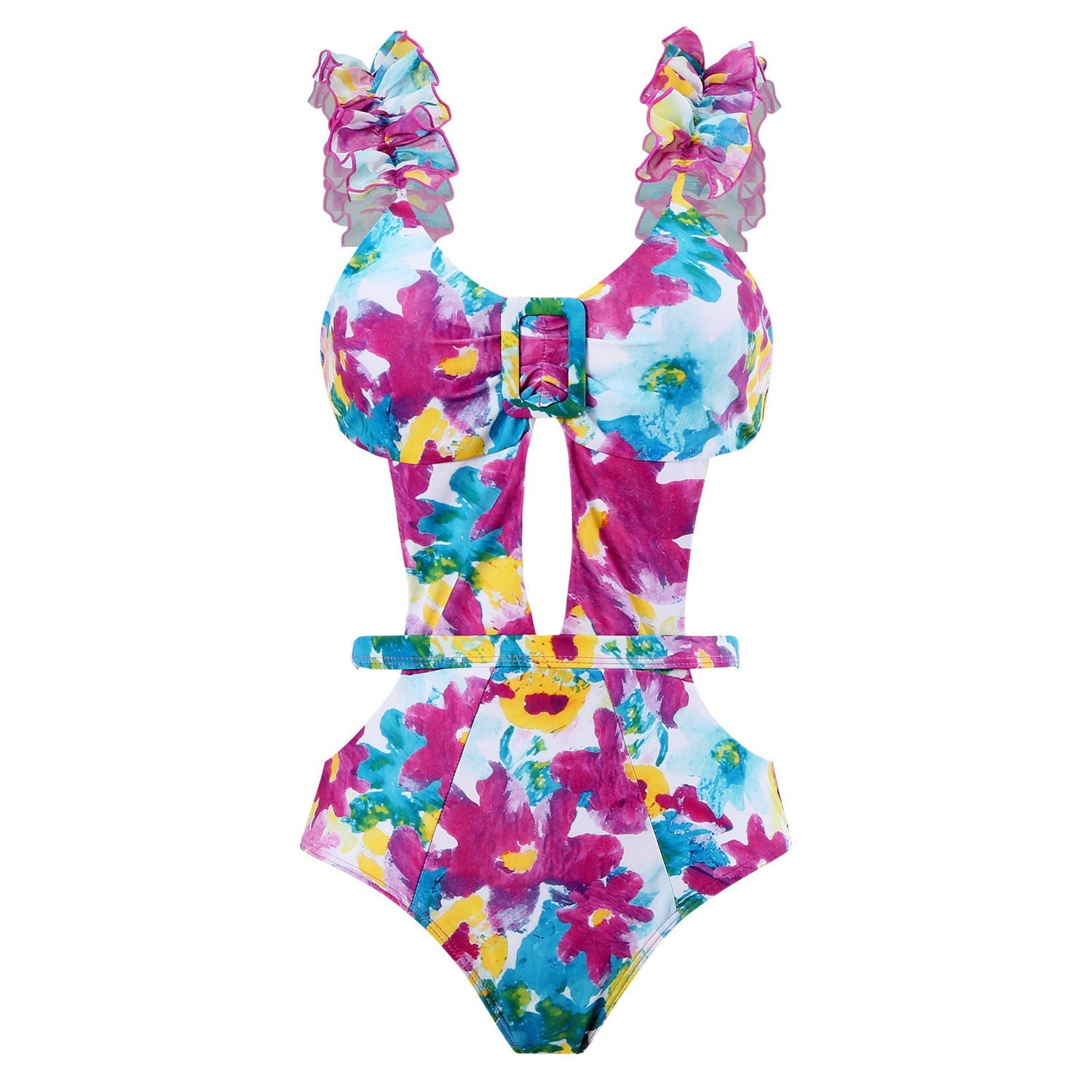 Siamese Conservative Swimsuit Printing Hollow Out Cutout Mesh Wrap Skirt Set Swimsuit