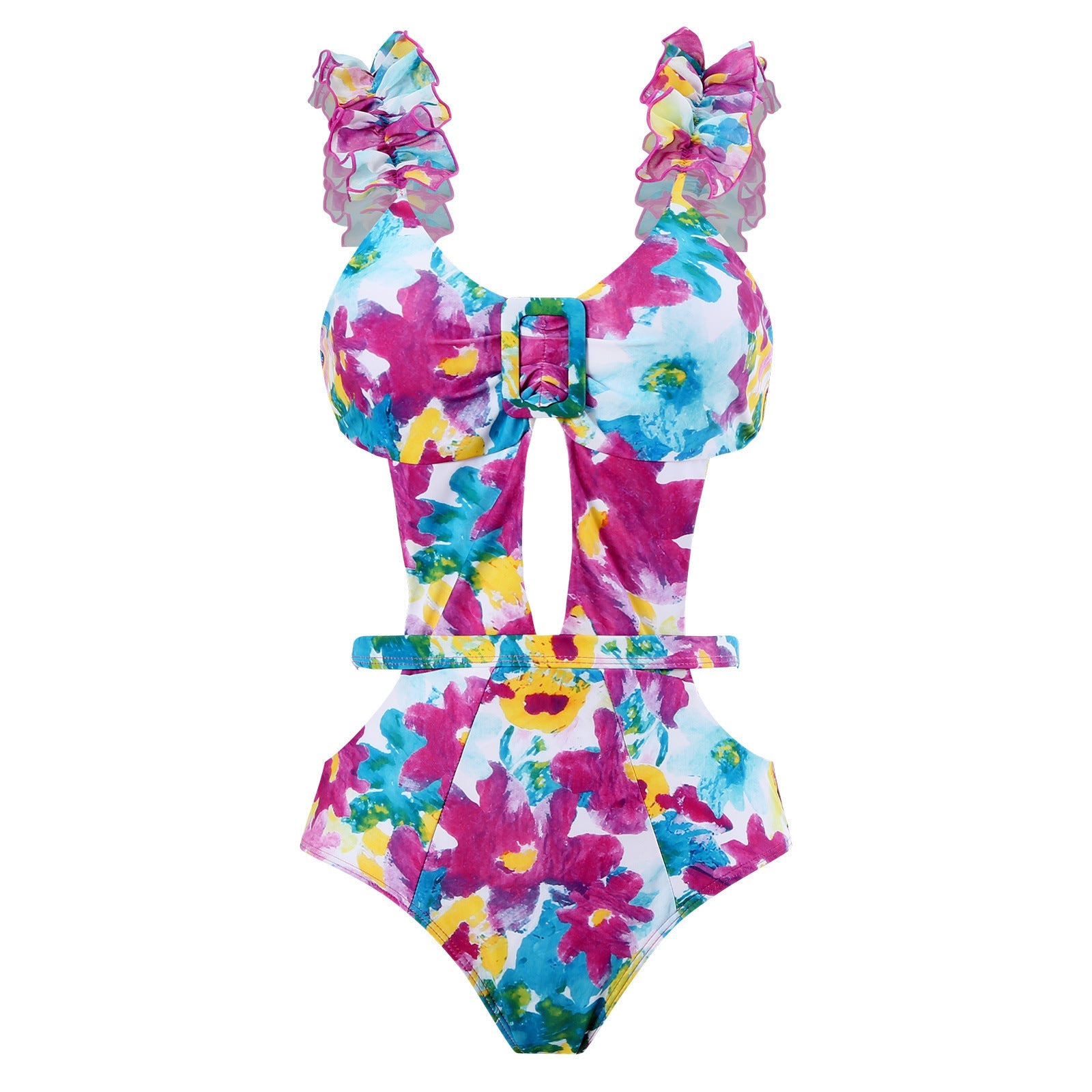 Siamese Conservative Swimsuit Printing Hollow Out Cutout Mesh Wrap Skirt Set Swimsuit