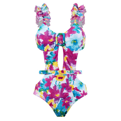 Siamese Conservative Swimsuit Printing Hollow Out Cutout Mesh Wrap Skirt Set Swimsuit