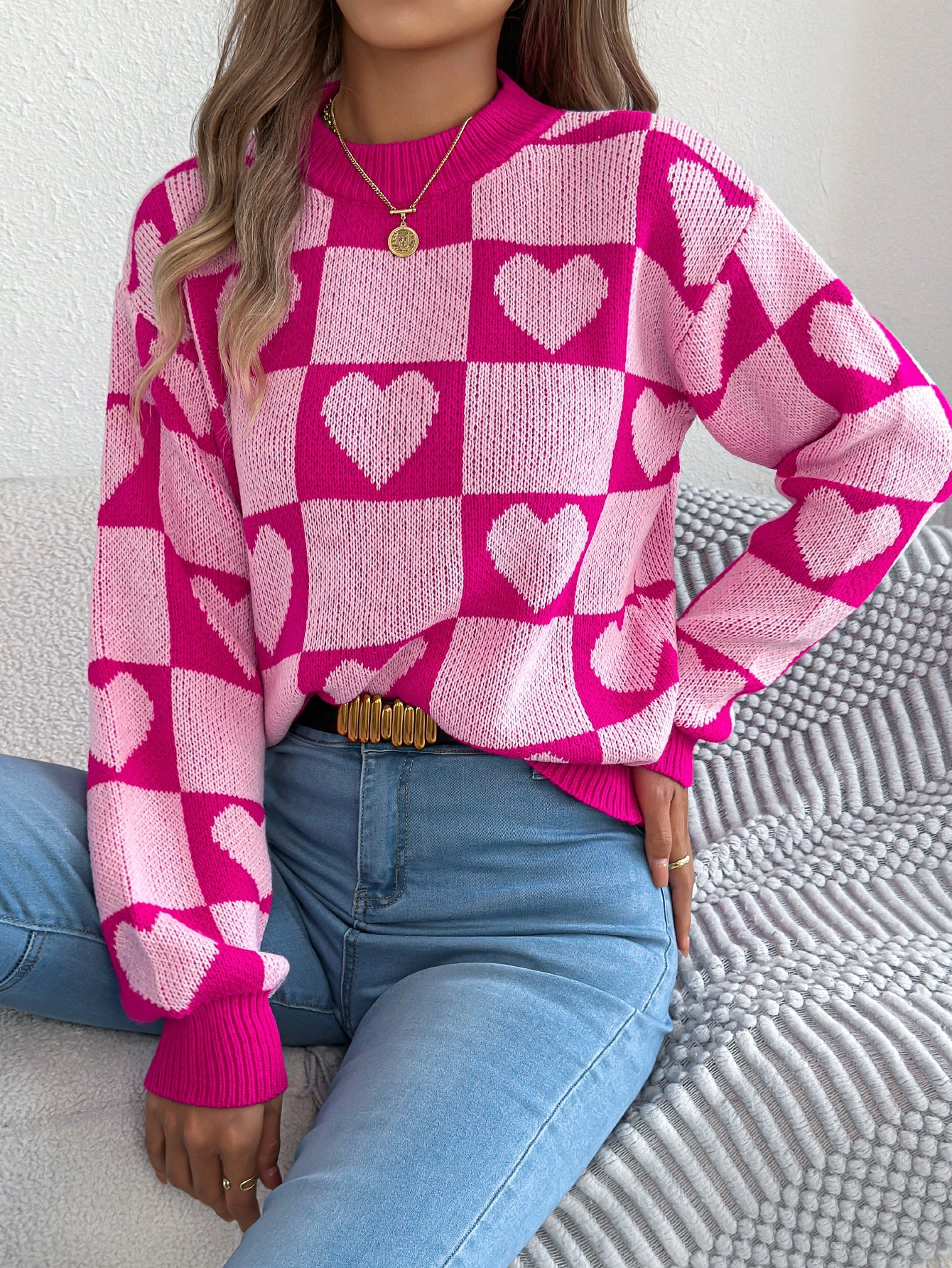 Real Shot Autumn Winter Love Plaid Lantern Long Sleeve Pullover Women Clothing Valentine Day