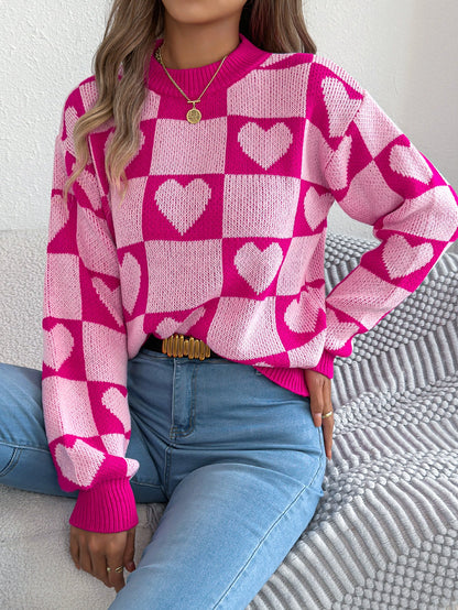 Real Shot Autumn Winter Love Plaid Lantern Long Sleeve Pullover Women Clothing Valentine Day