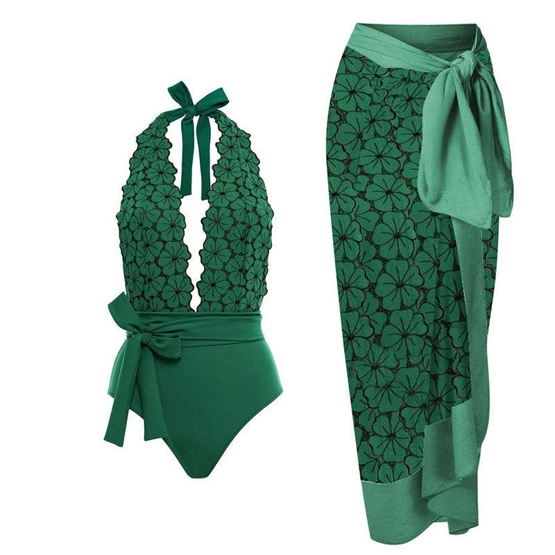 Women Sexy Siamese Conservative Cover Belly Thin Swimsuit Spring Bathing Suit Women Chiffon Beach Dress