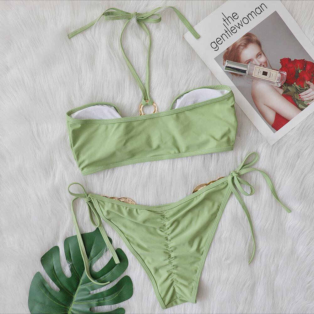 New Sexy Swimsuit Metal Accessories Hollow Out Cutout Bikini Solid Color Tube-Top Strap Women Swimsuit