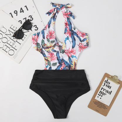 One Piece High Waist Lace Up Bow Backless Women Sexy Beach Triangle Swimsuit Bikini