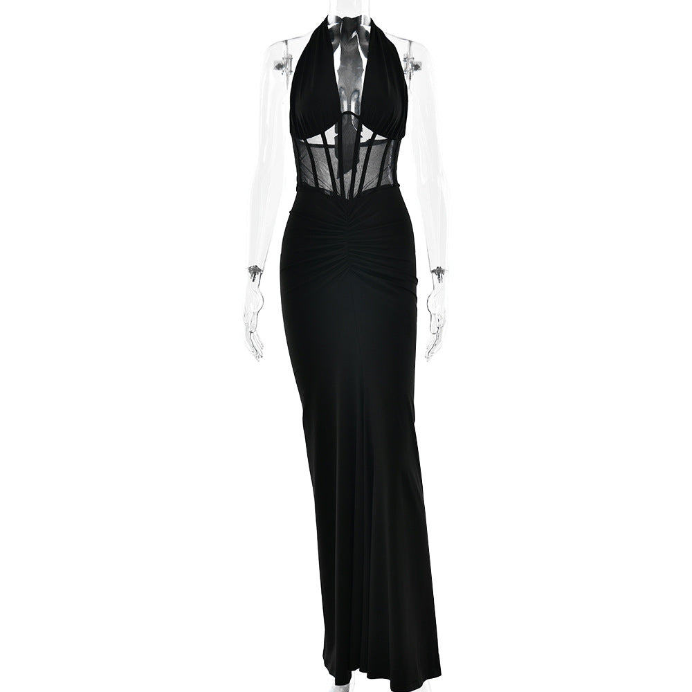 Elegant Women Lace up Maxi Dress Sexy Backless Pleated Sheath Dress