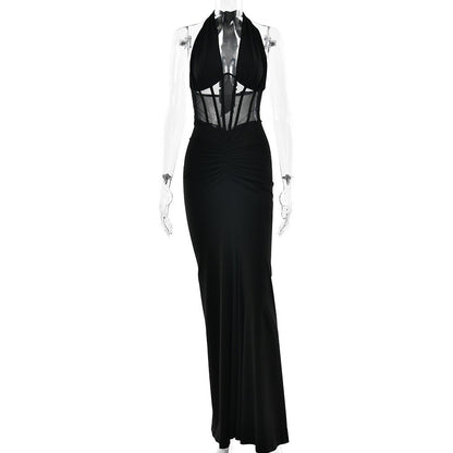 Elegant Women Lace up Maxi Dress Sexy Backless Pleated Sheath Dress