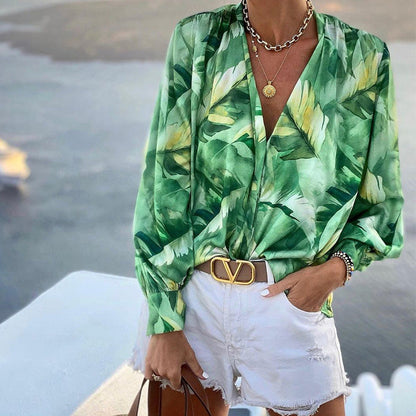 Fall Women Clothing V neck Long Sleeve Bohemian Printed Top Casual Shirt