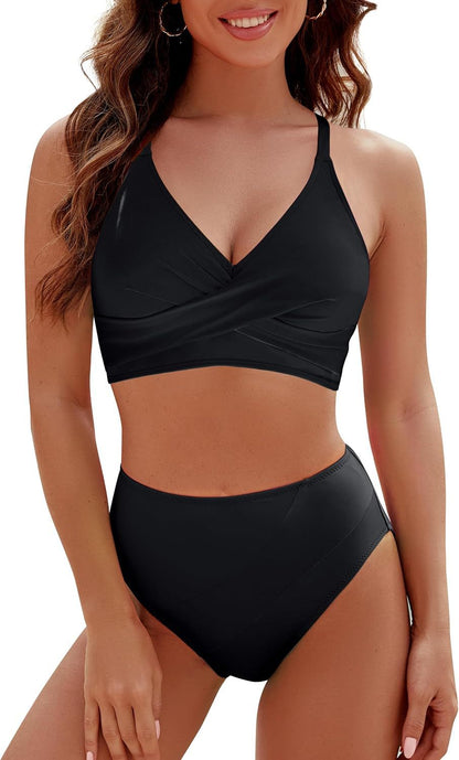 Bikini Contrast Color High Waist Lace up Sexy Split Bikini Swimsuit Swimwear