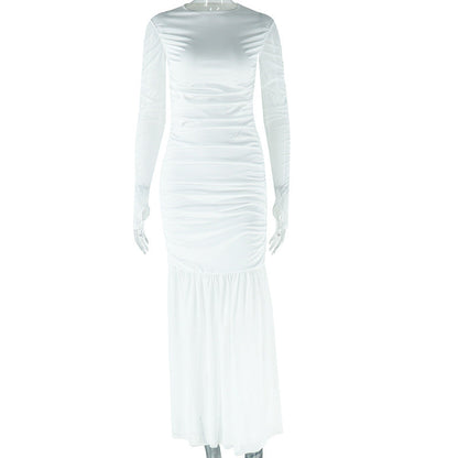 Women Clothing Solid Color Dress round Neck Long Sleeve Mesh Stitching Casual Dress