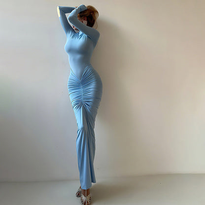 Women Clothing Autumn Solid Color Elegant Slim Slimming Pleated Turtleneck Long Sleeve Dress