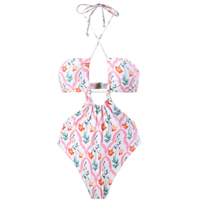 Sexy Double Sided One Piece Swimsuit Pleated Halter Bikini Suit Chiffon Dress