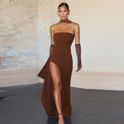 Women Clothing Summer Elegant Sexy Scarf Collar Slim Fit Slit Backless Dress Tube Top Dress