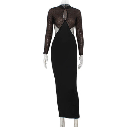 Night Club Women Clothing Sequin Stitching Hollow Out Cutout Backless Sexy Skinny Hip Dress