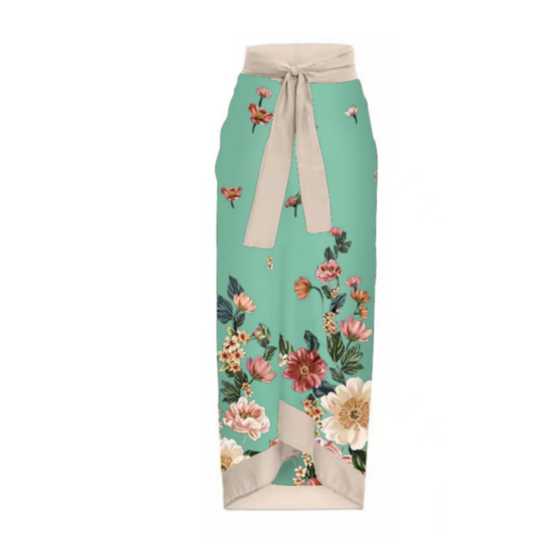 Mesh Two Piece French Swimsuit Digital Printing Sheath Dress Swimsuit for Women