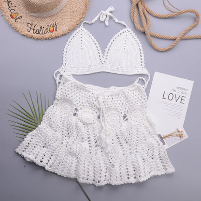 Hollowed out Lotus Bud Short Skirt Split Hand Woven Beach Swimsuit Vacation Two Piece Sets