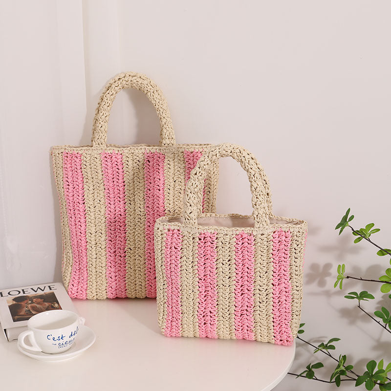 Vertical Stripes French Straw Bag Portable Contrast Color Straw Bag Woven Bag Women&