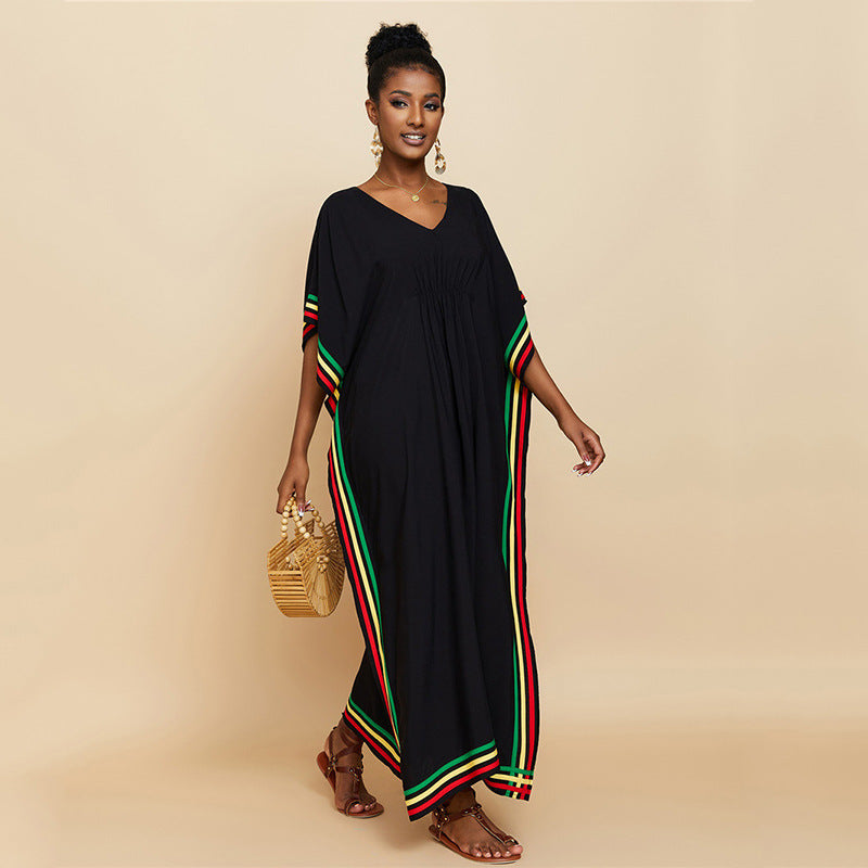 Rayon Pressure Color Stripes Beach Cover-up Sexy Loose Robe Vacation Dress Beach Cover Up