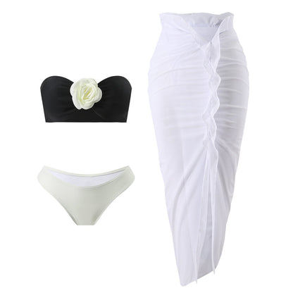 Color Matching Sexy Rose Three Piece Set Mesh Maxi Dress Swimwear Swimsuit Bikini