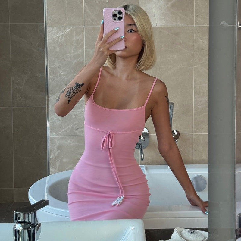 Women Clothing Summer Pure Sexy Solid Color off Neck Waist Slimming Sling Dress