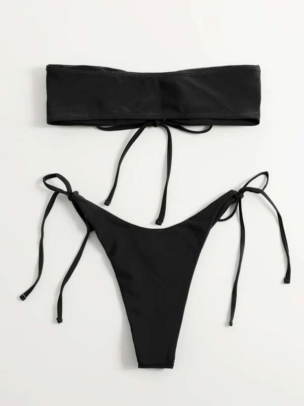 Women Seperated Swimwear Low Waist Basic Strapless Solid Color Tube Top Sexy Bikini