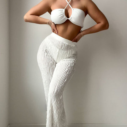 Solid Color Thread Fabric Halter Bikini Trousers Three Piece Set Sexy Swimsuit