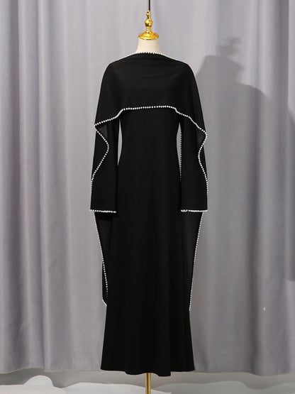 Elegant Solid Color Retro Heavy Industry Beautiful Pearl Shawl High Waist Dress Women