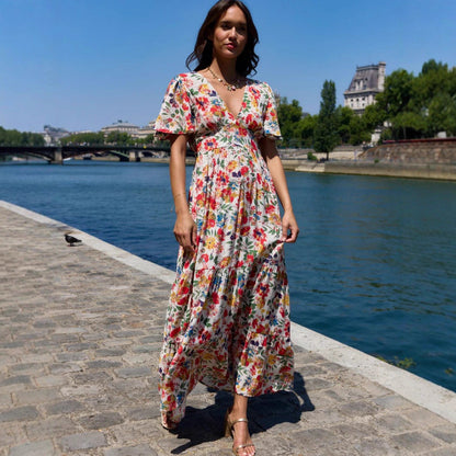 Autumn Floral V neck Flared Sleeves French Dress Maxi Dress
