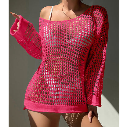 Summer Vacation Sexy Cutout Big round Neck Loose Pullover Bikini Sunscreen Knitted Beach Cover up Crochet hook