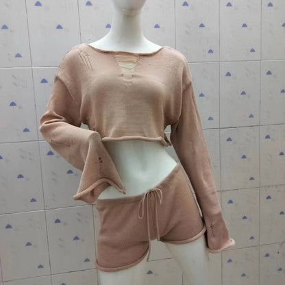 Knitted Two Piece Women Spring Summer Seaside Vacation Sun Protection Short Top Sexy Shorts Suit