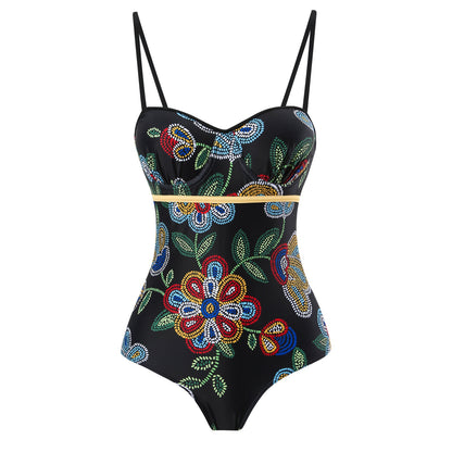 One Piece Swimsuit Women Skinny Slimming Vintage Printed Chiffon Dress with Steel Bracket Hard Bag Swimsuit