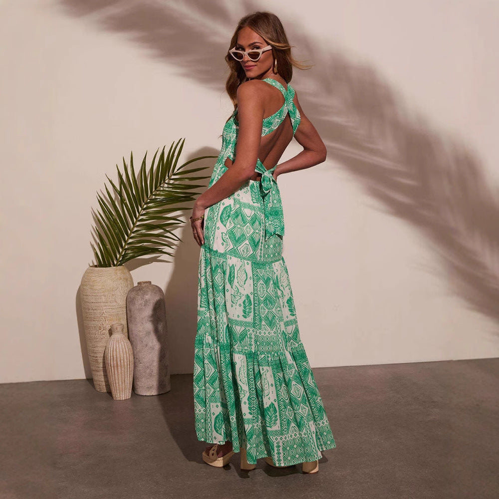 Summer Women Clothing Office Sleeveless Sexy Printed Long Sling Dress