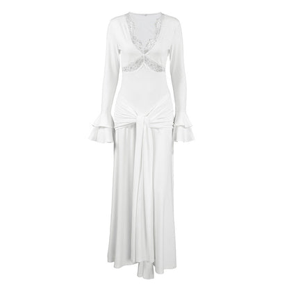 Spring Women Elegant Dress Elegant Design Sexy Lace Stitching Slim Fit Maxi Dress