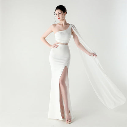 Single Shoulder Crossbody Stitching Mesh Design Satin Slim Cocktail Dress Evening Dress