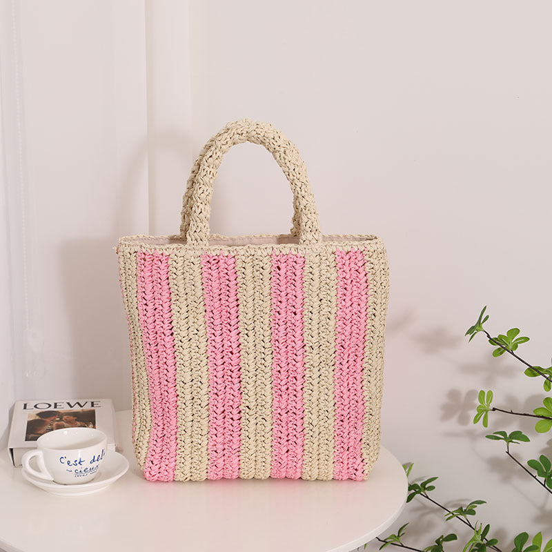Vertical Stripes French Straw Bag Portable Contrast Color Straw Bag Woven Bag Women&